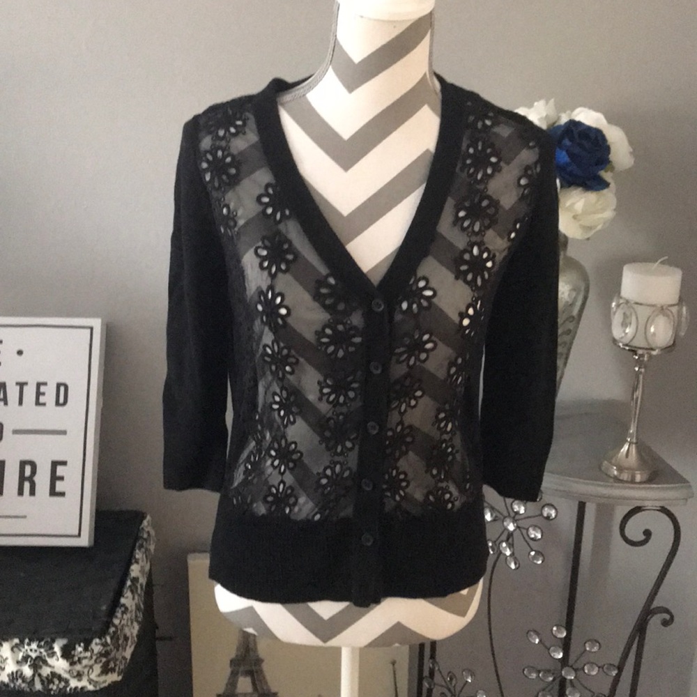 Button down cardigan with sheer floral front